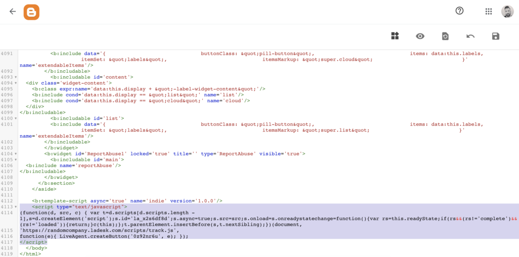 Blogger-Code mit eingefügtem Chat-Button-Code