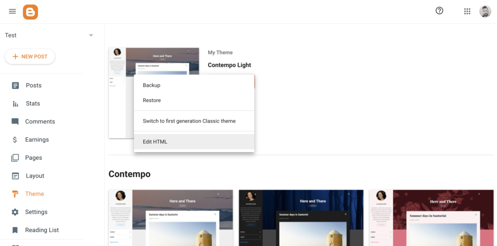 Option HTML bearbeiten in den Blogger-Design-Einstellungen