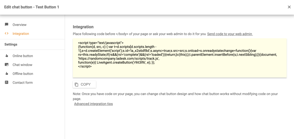 A chat button code generated in LiveAgent