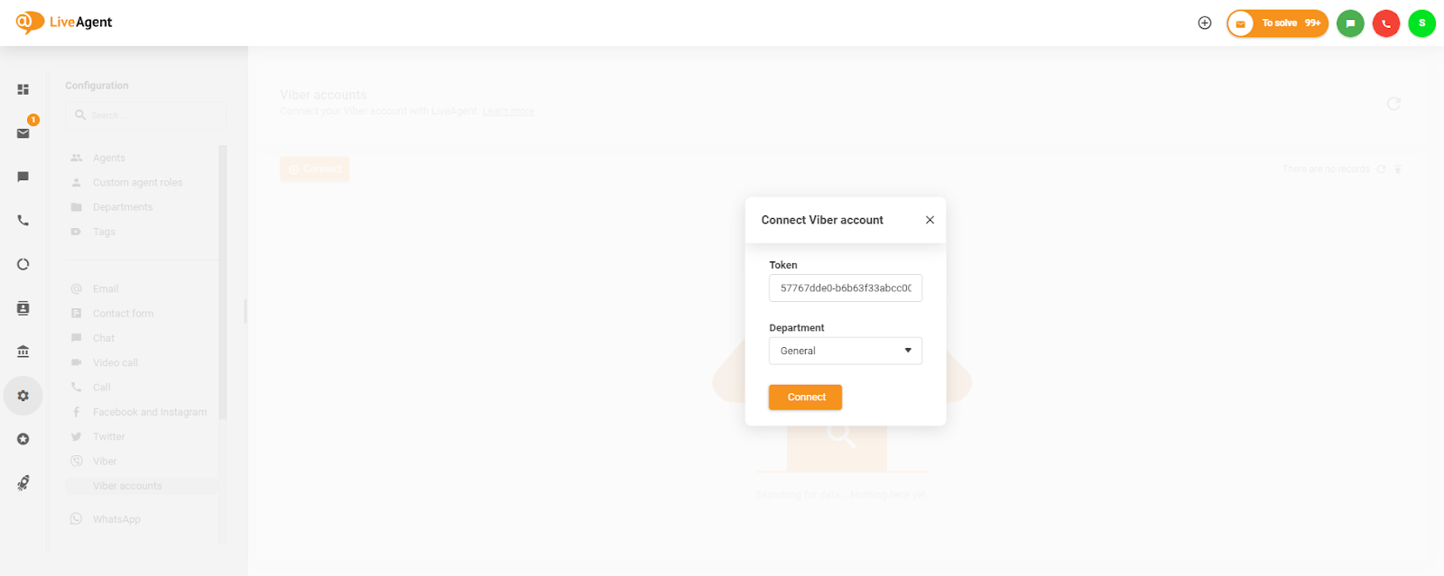 Einfügen des Tokens im Fenster 'Viber-Konto verbinden