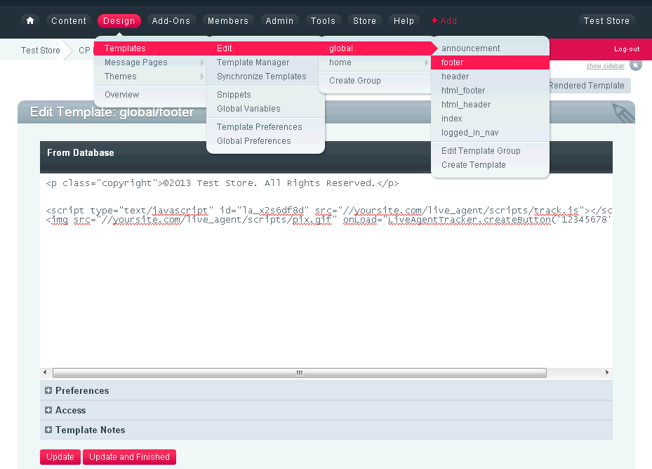 ExpressionEngine-Website-Code mit dem LiveAgent-Chat-Schaltflächencode