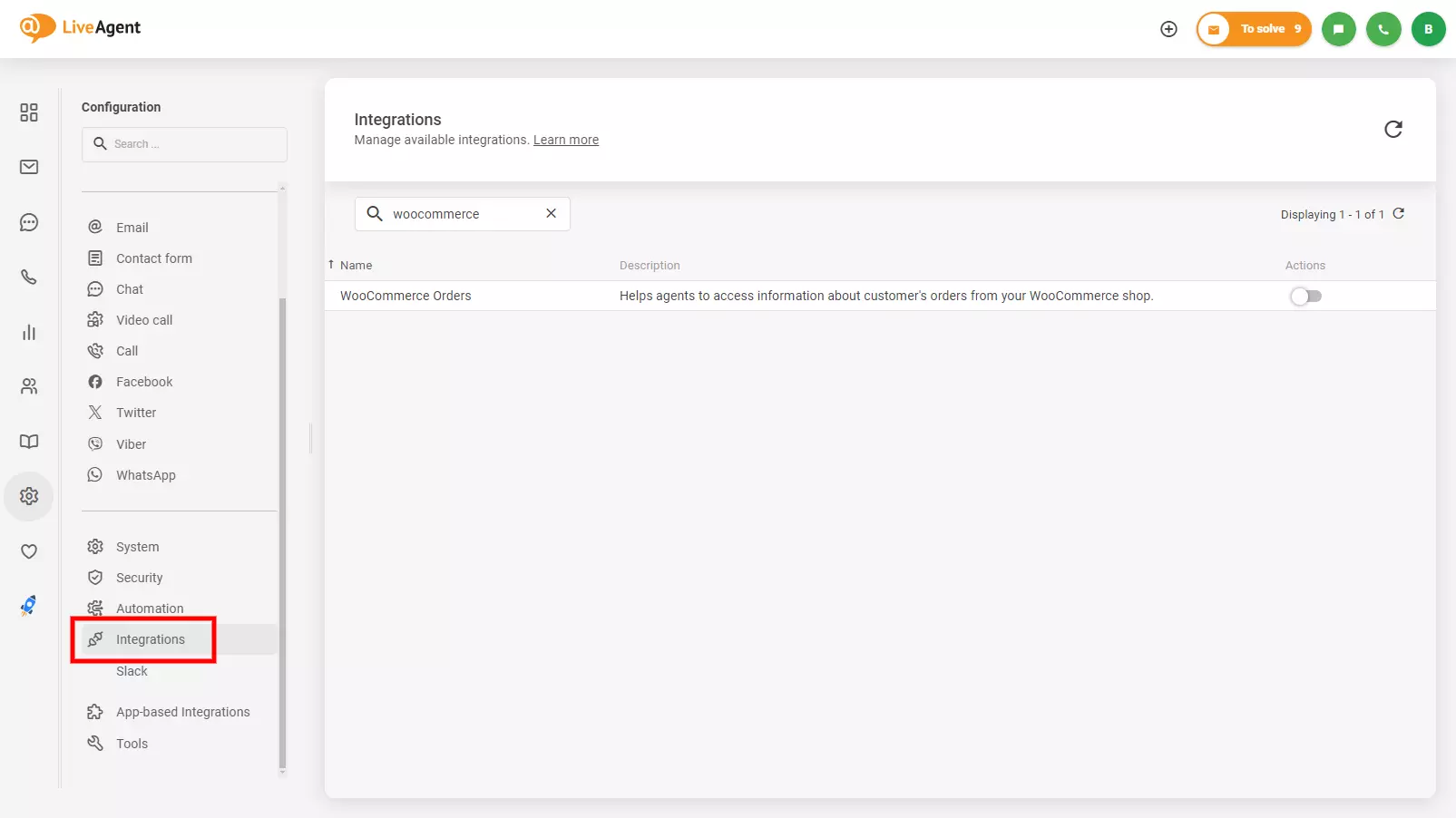 Bild, das zeigt, wo die WooCommerce-Integration in LiveAgent zu finden ist