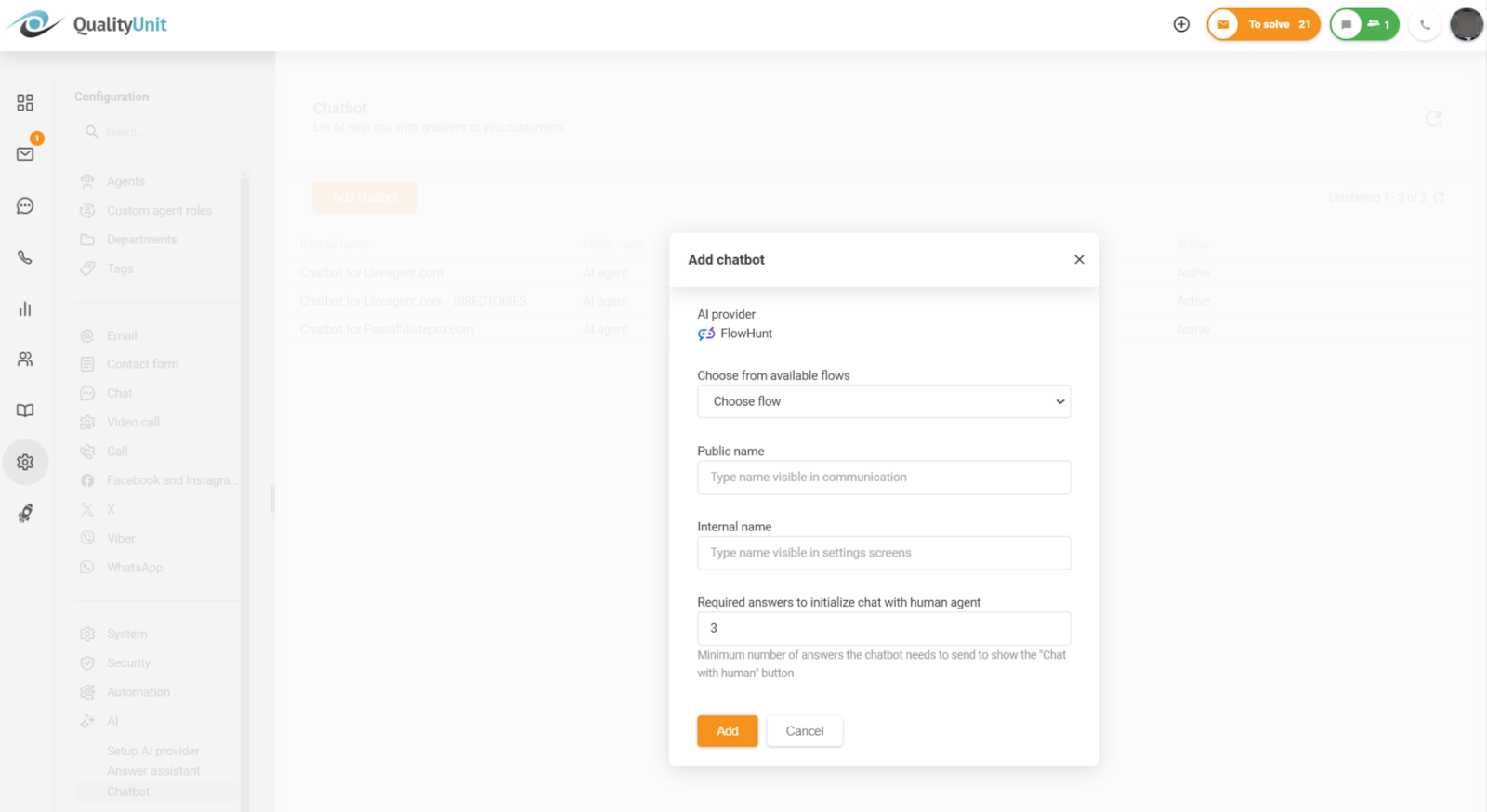 Konfigurieren der Mindestanzahl erforderlicher Antworten vor Aktivierung der Option zum Chatten mit einem Menschen