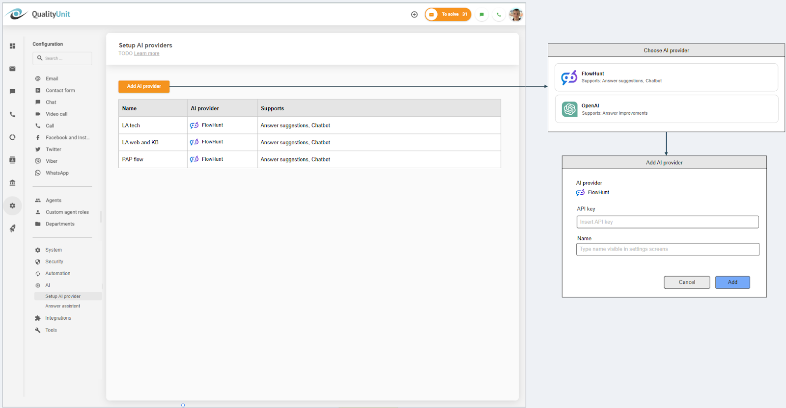Verbindung des LiveAgent-KI-Anbieters