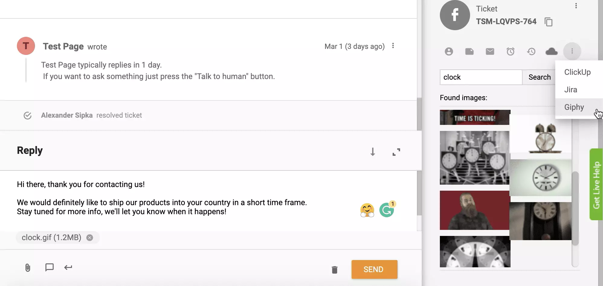 Giphy-Integration aktiviert und funktionsfähig im LiveAgent-Ticketsystem