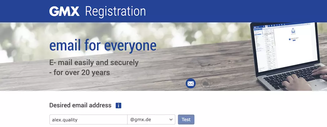 GMX-Registrierungsseite mit Informationsfeldern