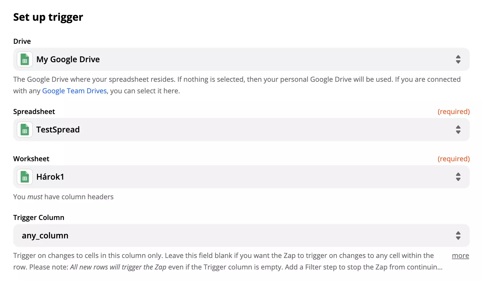 Google Sheets-Auslöser-Einrichtungsoptionen und Felder