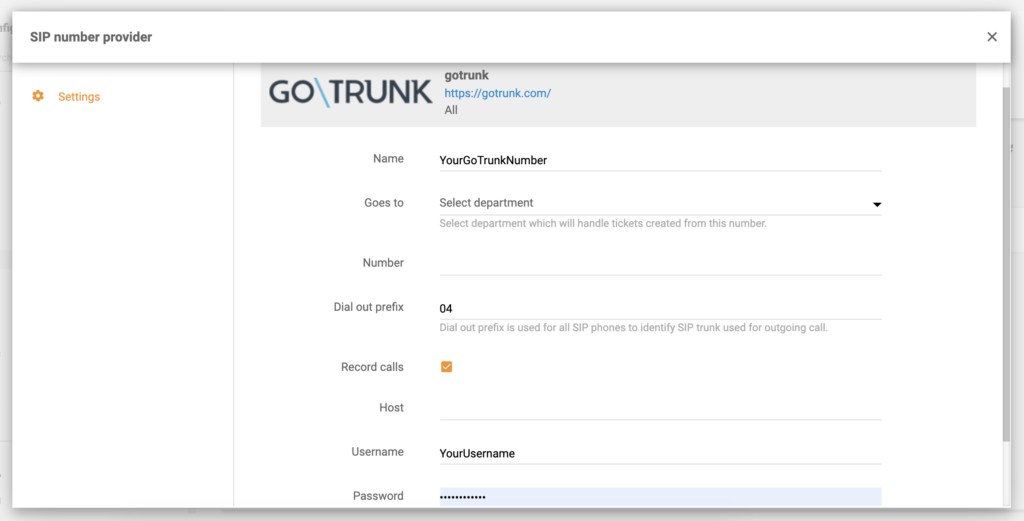 GoTrunk-Endkonfiguration in LiveAgent