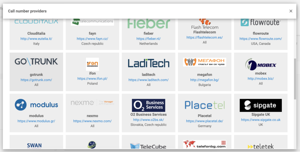 GoTrunk in der Liste der VoIP-Anbieter in LiveAgent