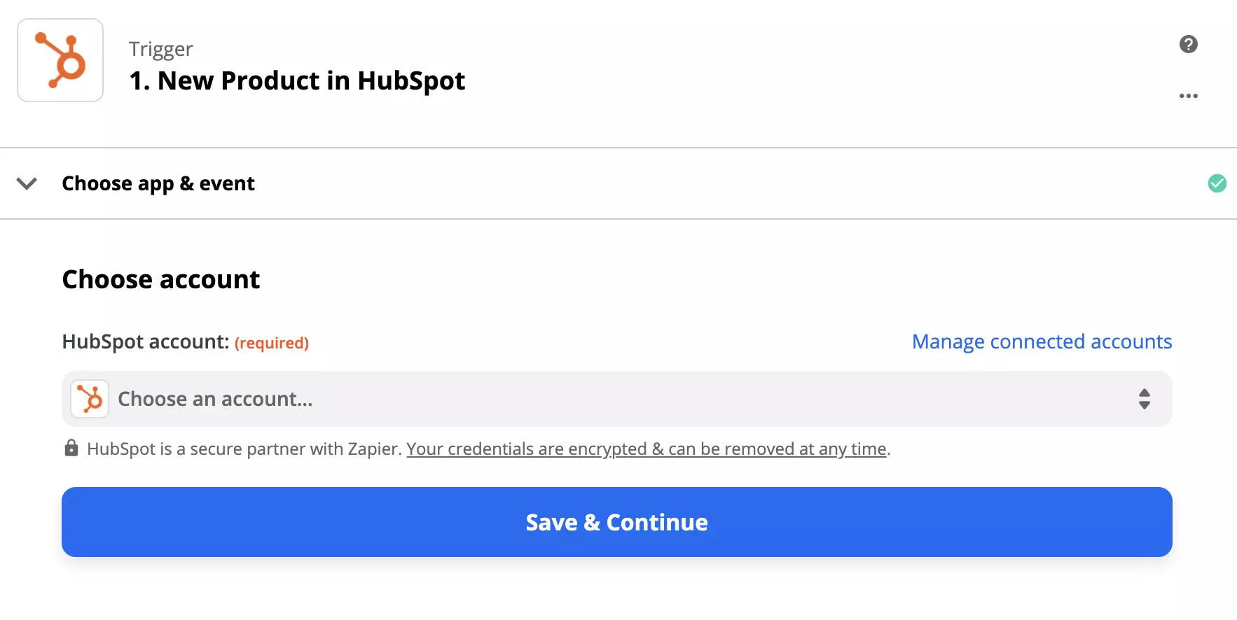 HubSpot-Trigger-Konfigurationsoptionen in Zapier