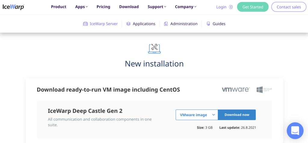 IceWarp-Website mit Installationsbereich und Download-Links