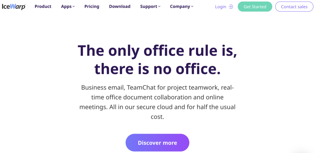 IceWarp-Homepage mit Slogan und Unterseiten-Optionen