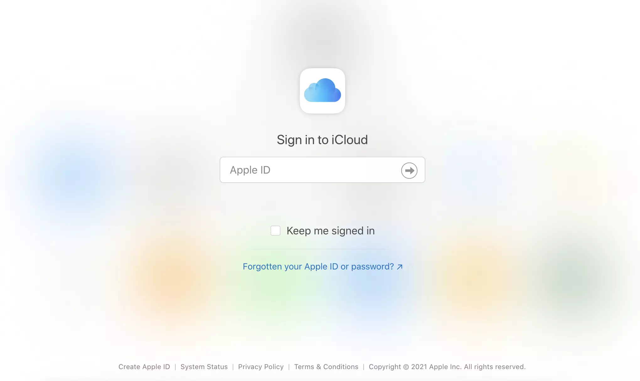 iCloud-Website mit Anmeldeoptionen