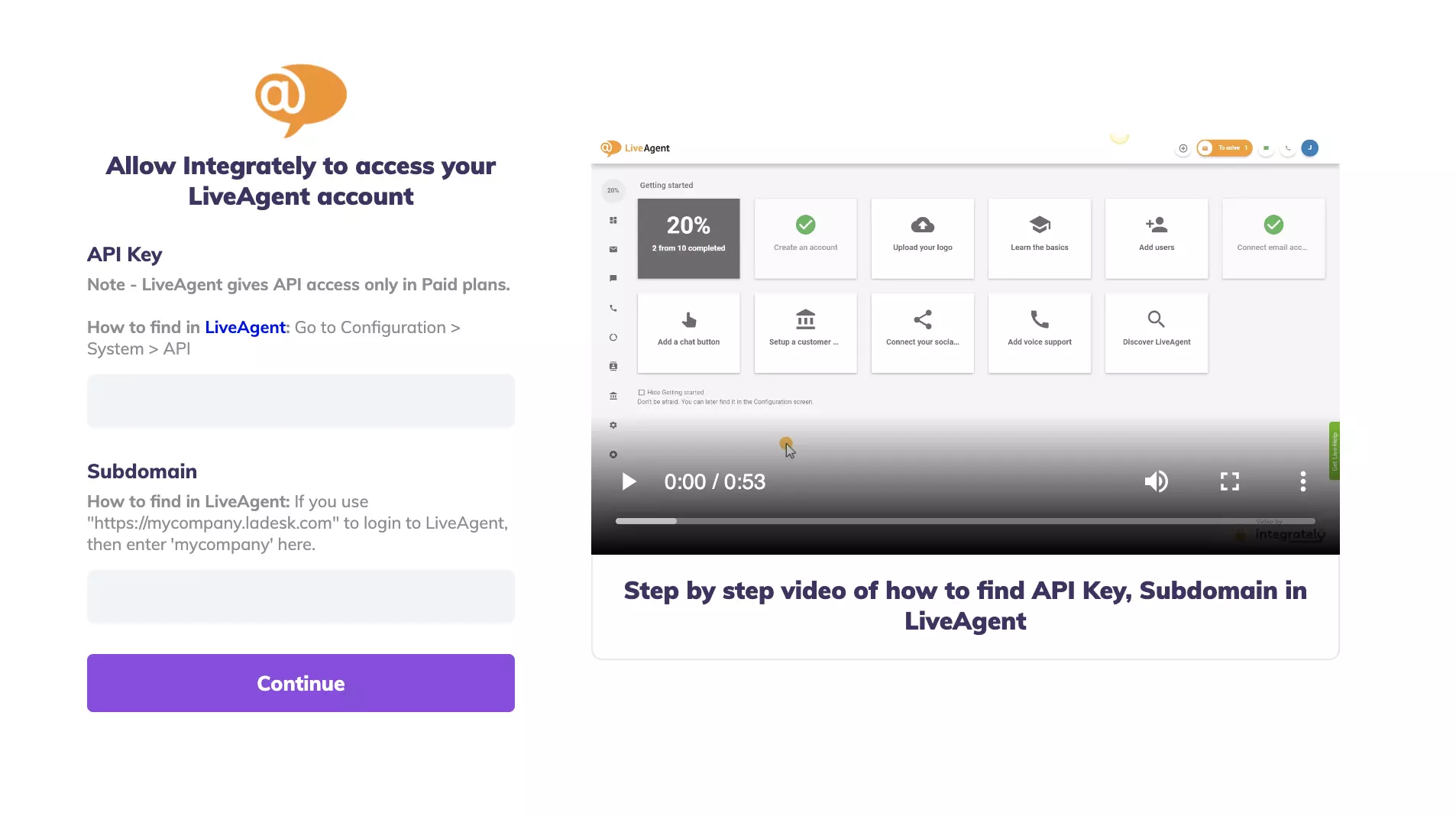 API-Schlüssel- und Subdomain-Felder im Integrately-Integrations-Test