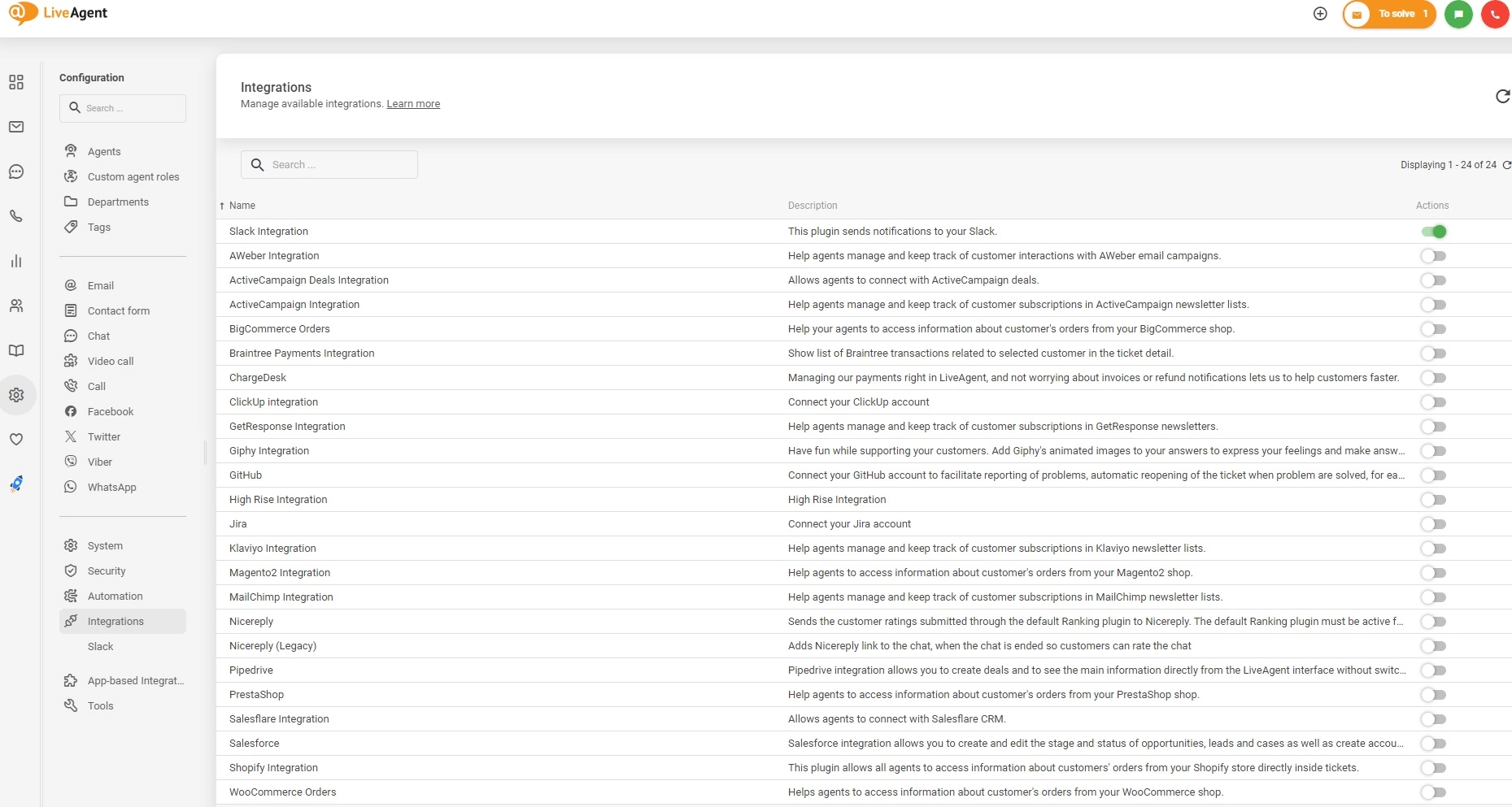 Activate integrations in LiveAgent
