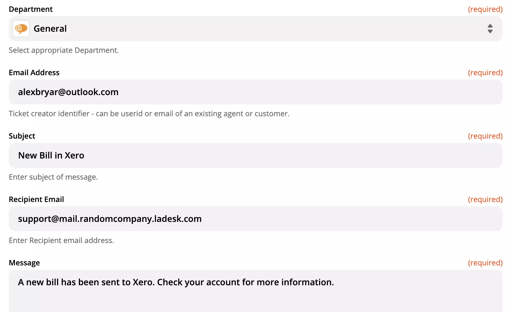 LiveAgent-Aktionskonfigurationsoptionen auf der Zapier-Website