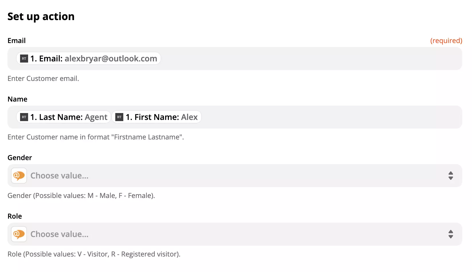 LiveAgent-Aktionskonfiguration mit Daten in Feldern auf Zapier