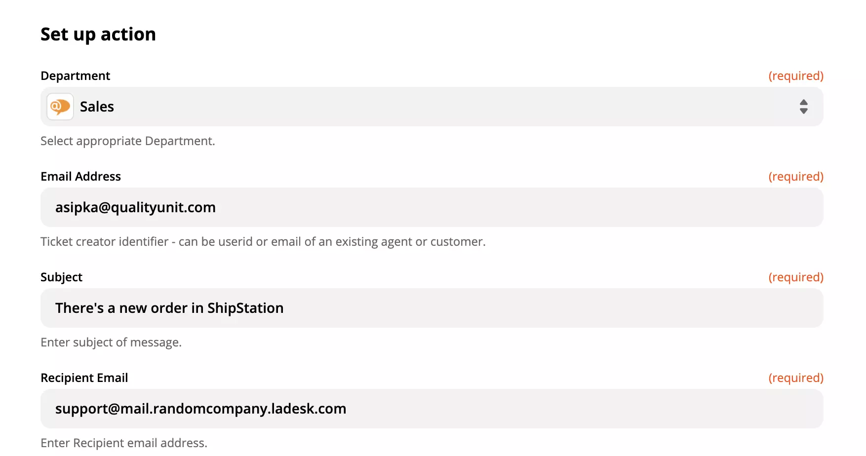 LiveAgent-Aktionskonfiguration