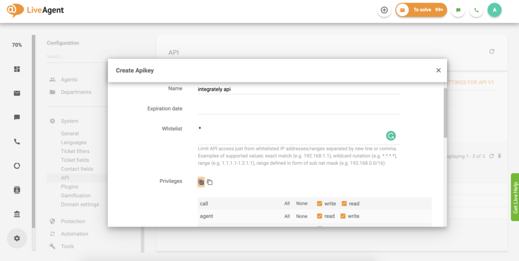 API-Schlüssel-Einstellung in LiveAgent