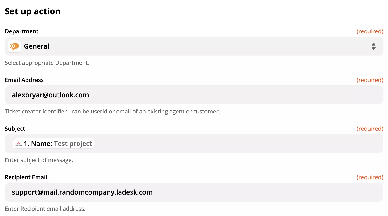LiveAgent-Aktions-Setup in der Asana-Integration auf Zapier