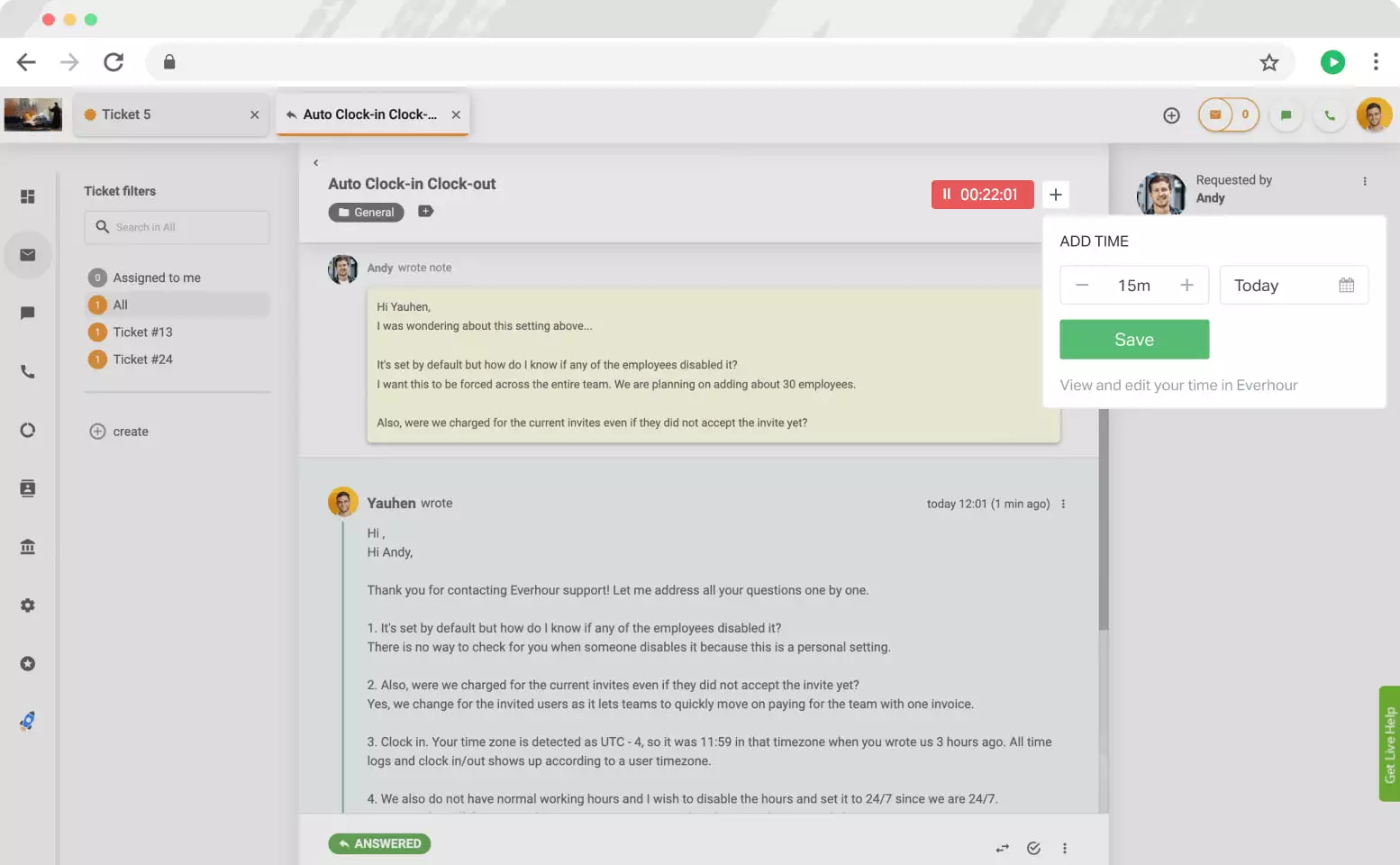 Everhour-Steuerelemente in LiveAgent