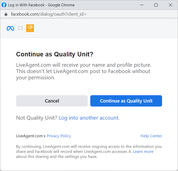 Pop up window that is used to log into your Facebook account