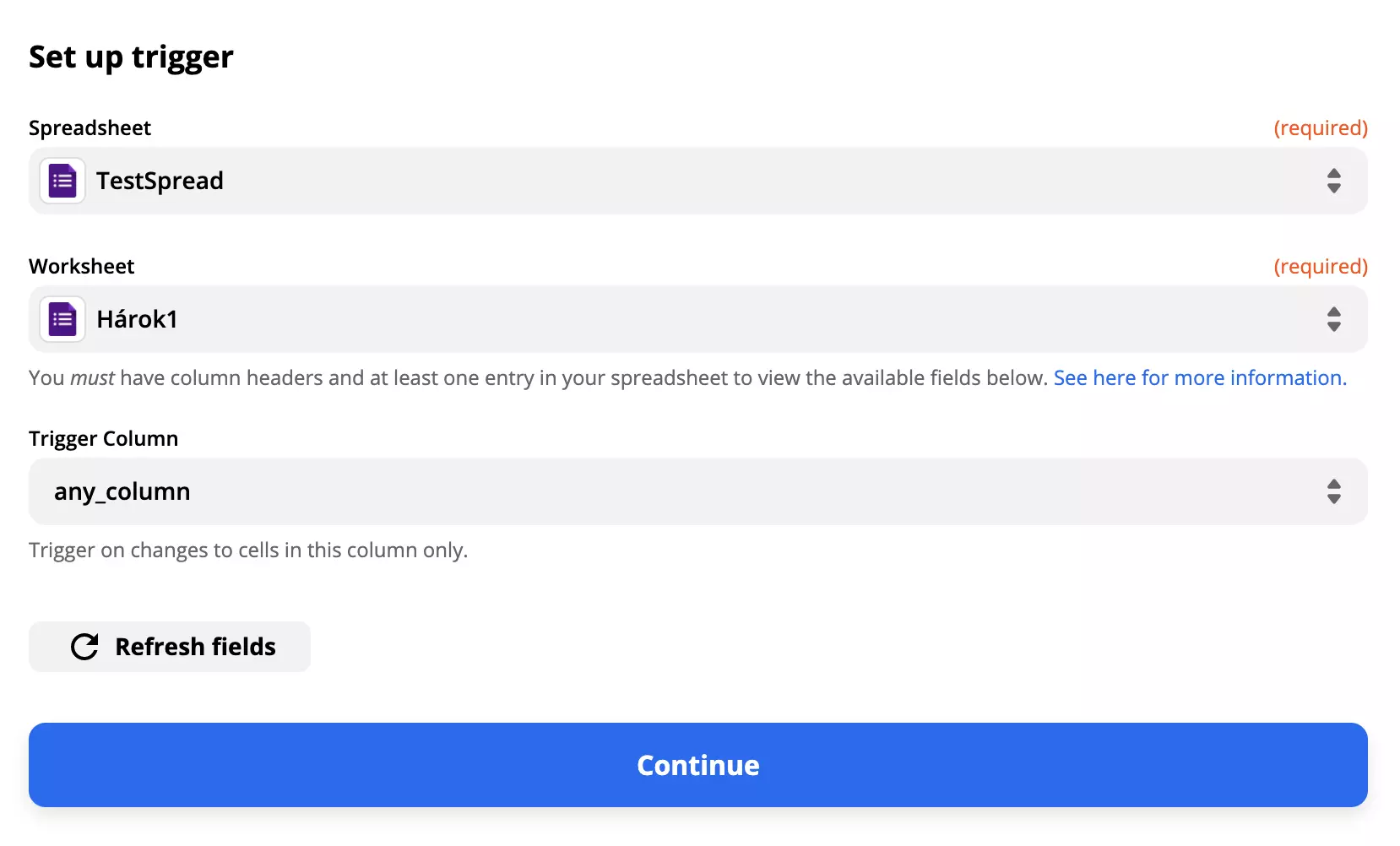Beispiel für die Einrichtung eines Google Forms-Triggers mit ausgefüllten Feldern