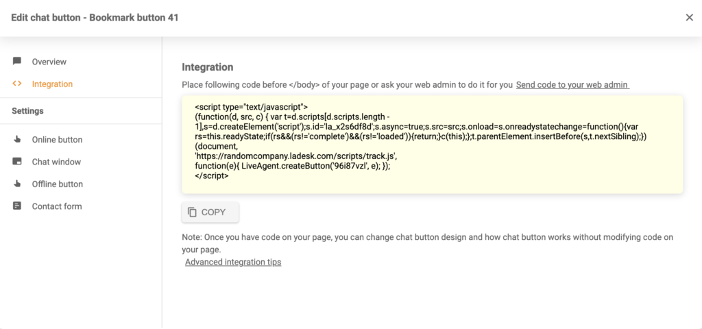 Generierter Chat-Schaltflächenintegrationscode in LiveAgent