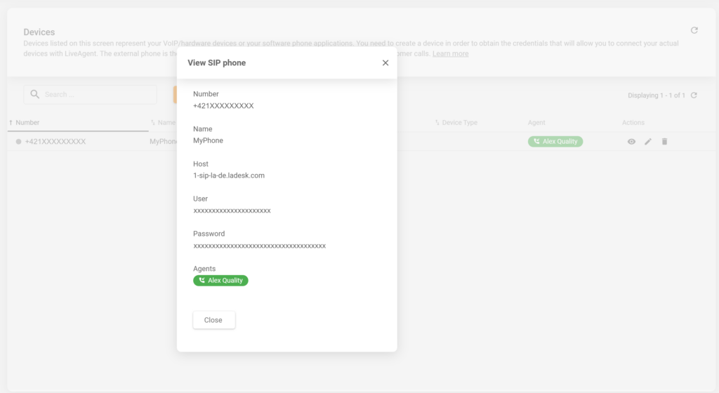Details of a newly created SIP phone in LiveAgent configuration