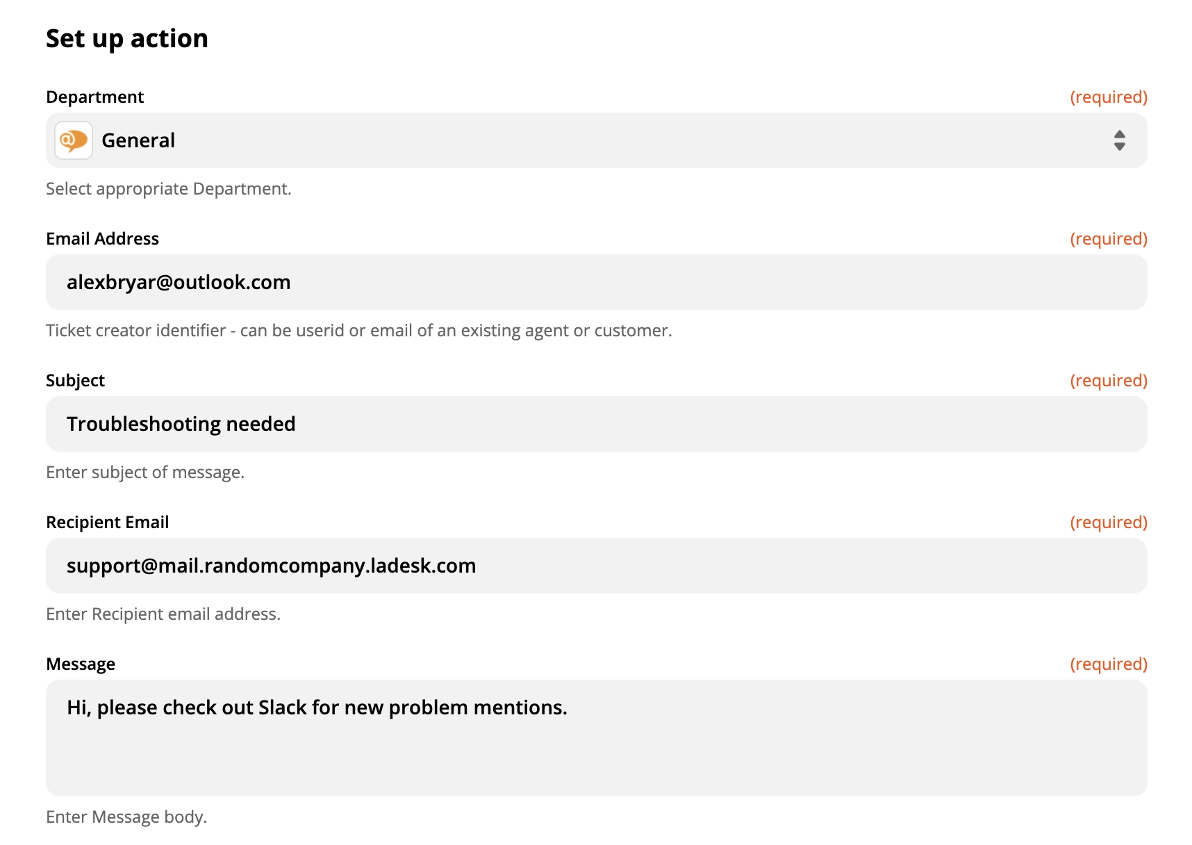 Beispiel einer LiveAgent-Aktionseinrichtung auf Zapier
