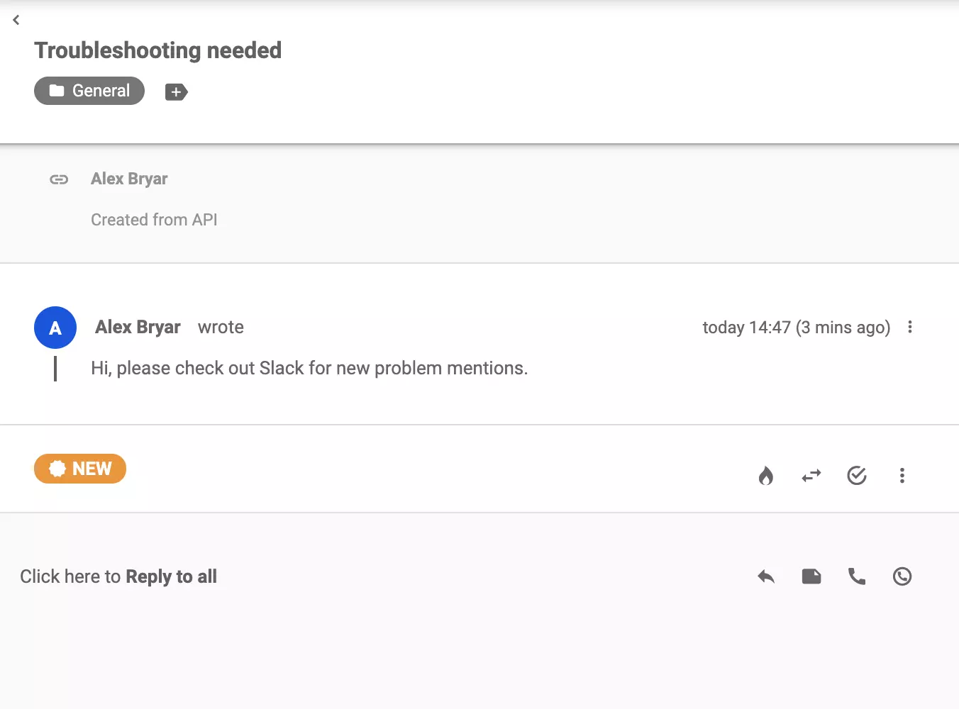 Ein Ticket, das an LiveAgent gesendet wurde, nachdem ein Schlüsselwort in Slack erschien
