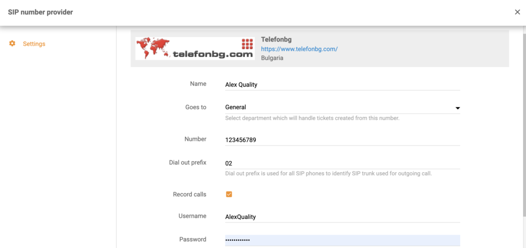 TelefonBG-Setup beim Hinzufügen einer neuen Call-Center-Nummer in LiveAgent