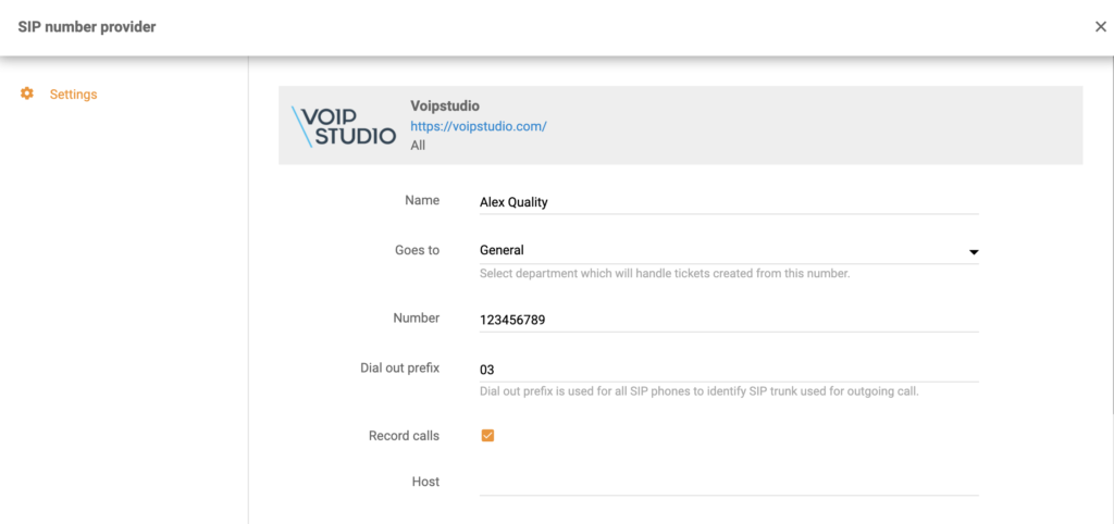 Setting up VoIP studio number in LiveAgent configuration