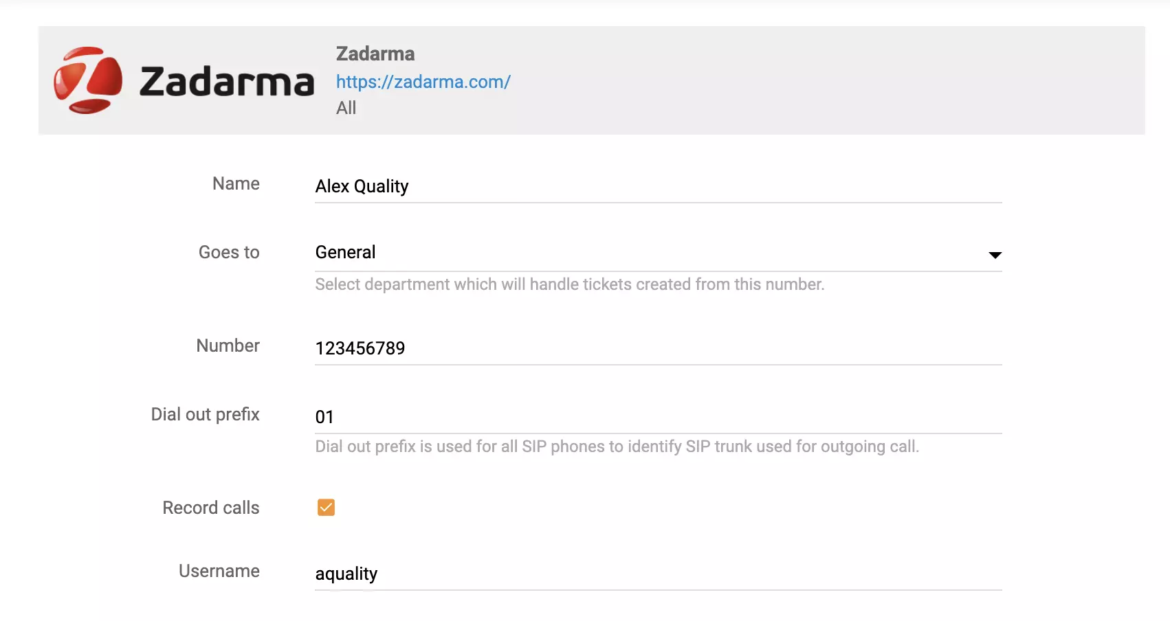 Zadarma-Anrufeinrichtungsoptionen in LiveAgent