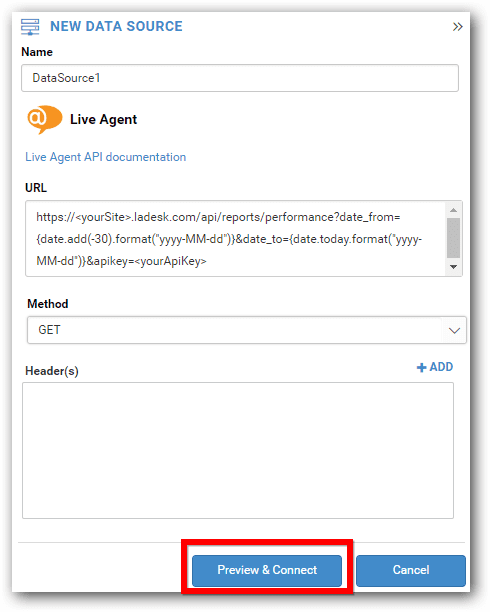 Bold BI Schaltfläche Vorschau und Verbindung