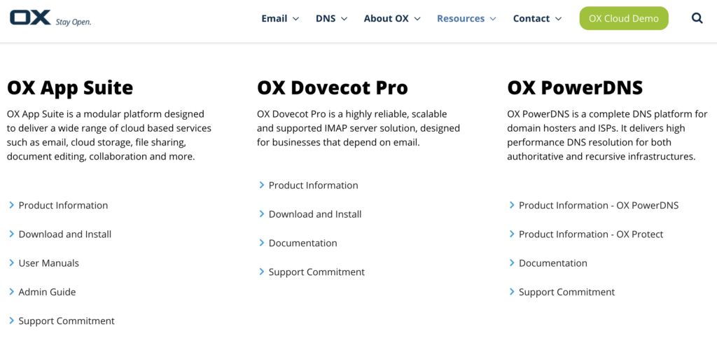 Open-Xchange-Website mit Download-Optionen und Anleitungen