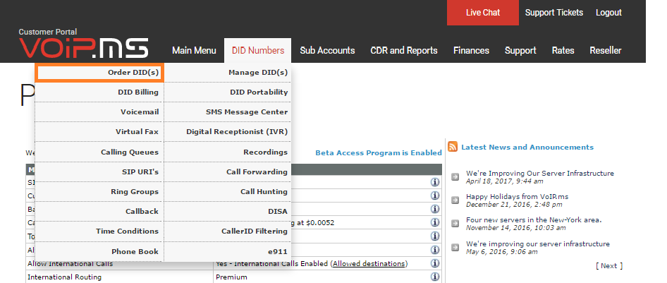 DID-Nummernbereich in VoIP.ms