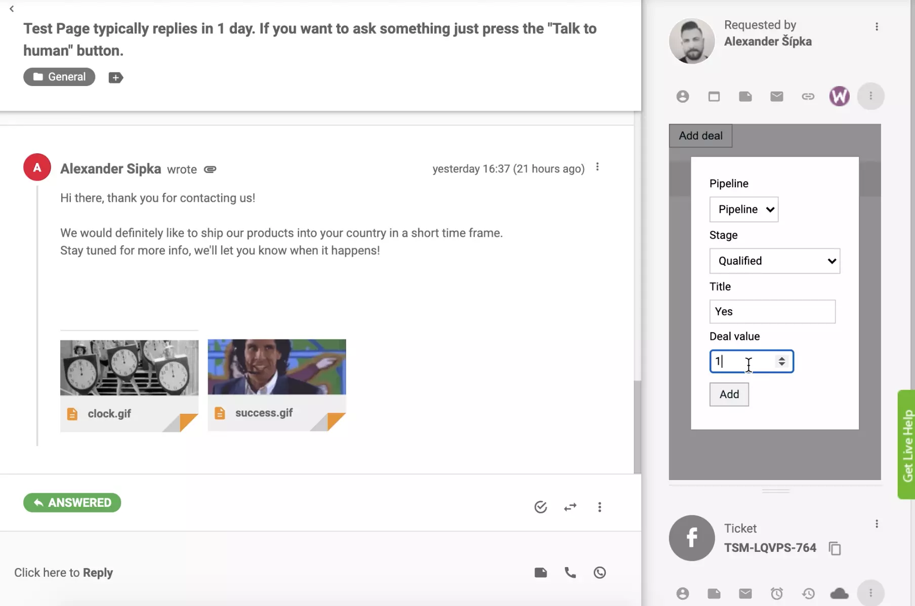 Fügen Sie einen Deal mit der PipeDrive CRM-Integration in der LiveAgent-Ticket-Ansicht hinzu