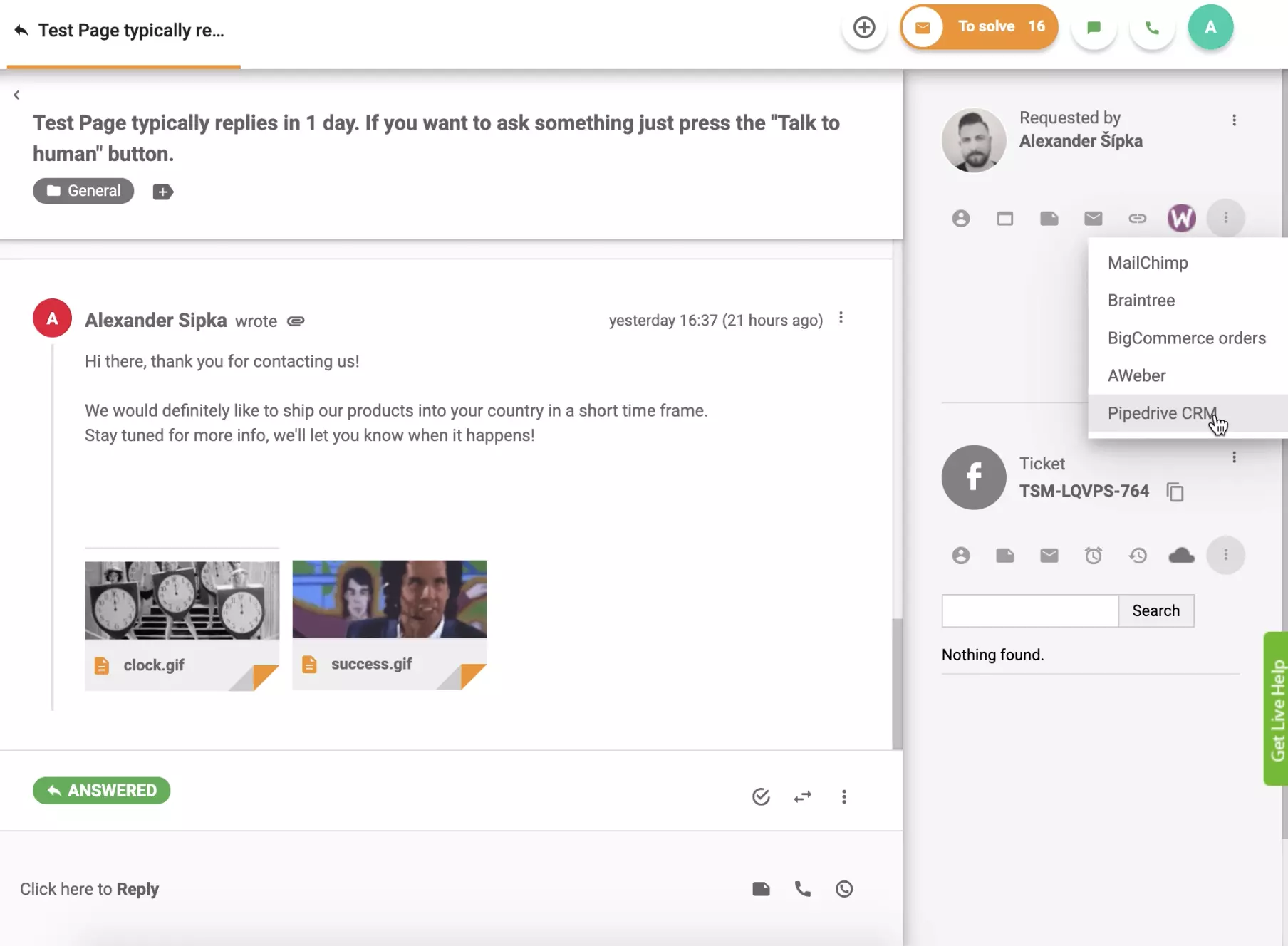 PipeDrive CRM ist in der LiveAgent-Ticket-Ansicht aktiv