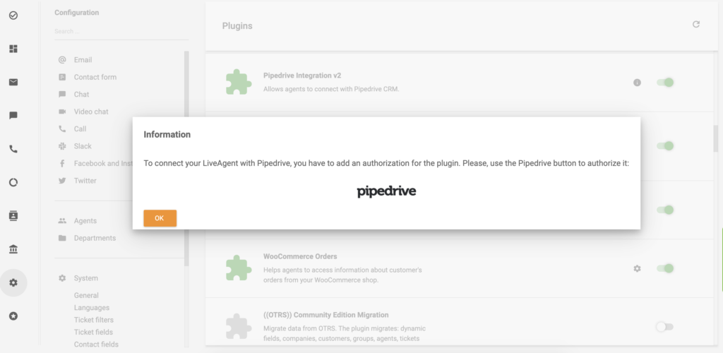 Klicken Sie auf das PipeDrive-Logo, um mit der PipeDrive-Integration für LiveAgent fortzufahren