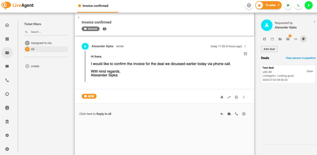 PipeDrive Deal in LiveAgent