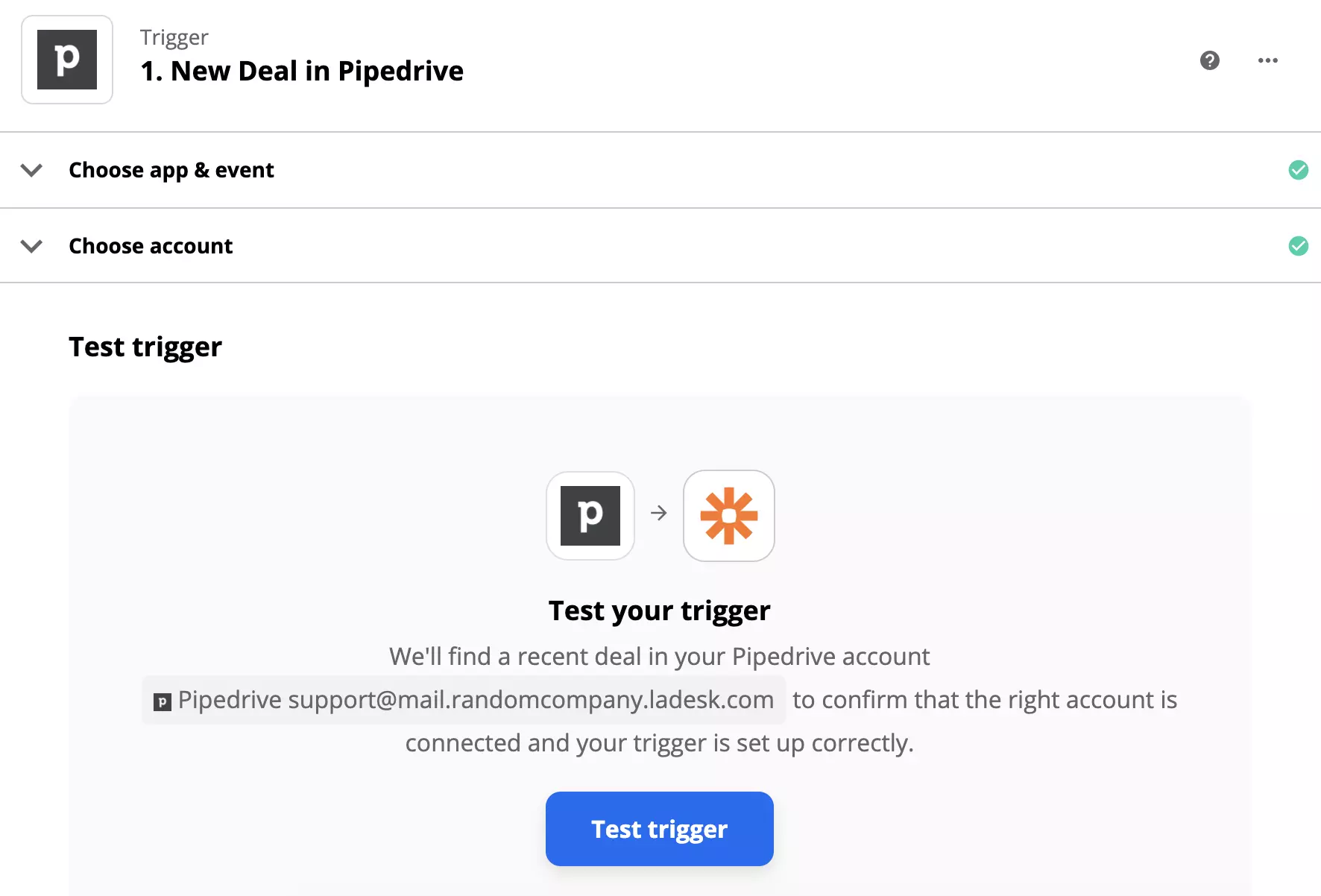 PipeDrive-Trigger-Test nach dem Setup des Triggers auf Zapier