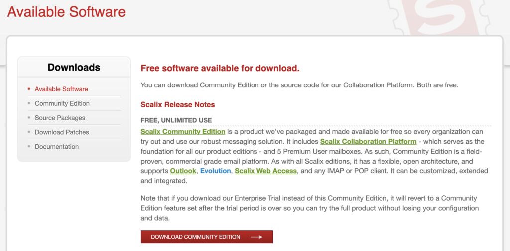 Scalix-Website mit verfügbaren Downloads und Editionsinformationen