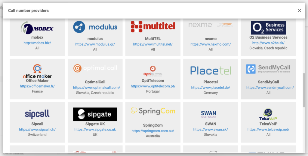 SendMyCall in der Liste der VoIP-Anbieter in der LiveAgent-Konfiguration