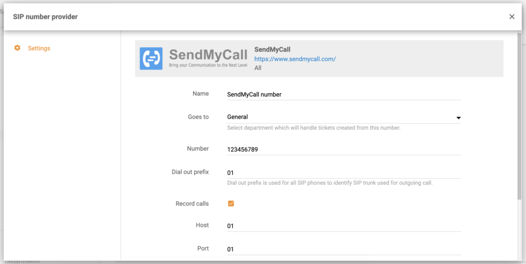 SendMyCall-Nummernkonfiguration in LiveAgent