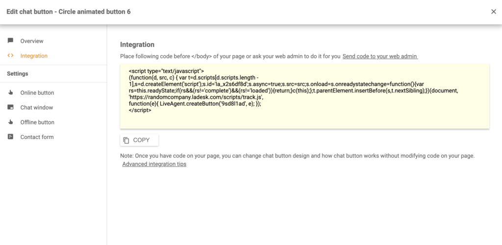 Silverstripe-Chat-Button-Integrationscode in LiveAgent
