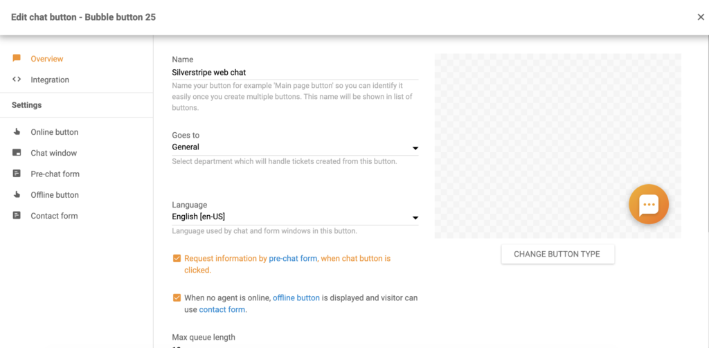 Silverstripe-Chat-Button-Konfiguration in LiveAgent