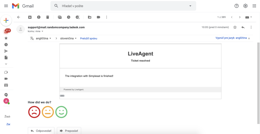LiveAgent-Nachricht mit Simplesat-Feedback im Gmail-Posteingang