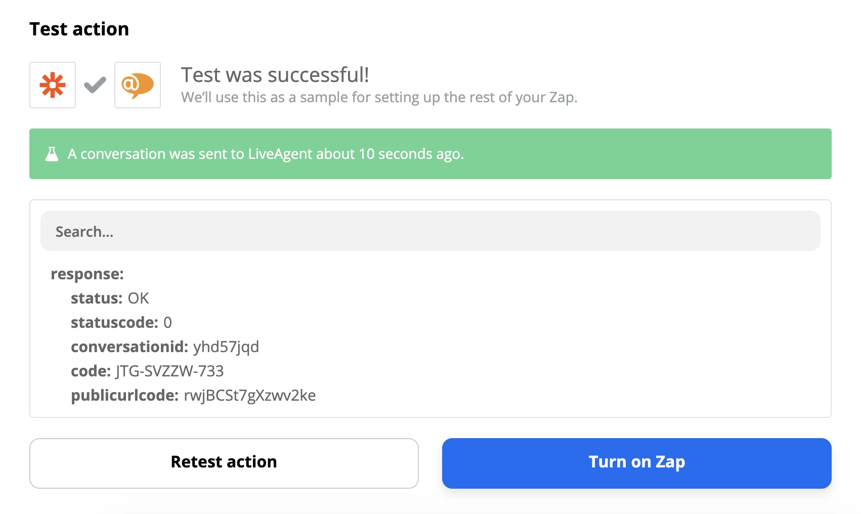 Erfolgreicher Test einer LiveAgent- und Slack-Integration auf Zapier