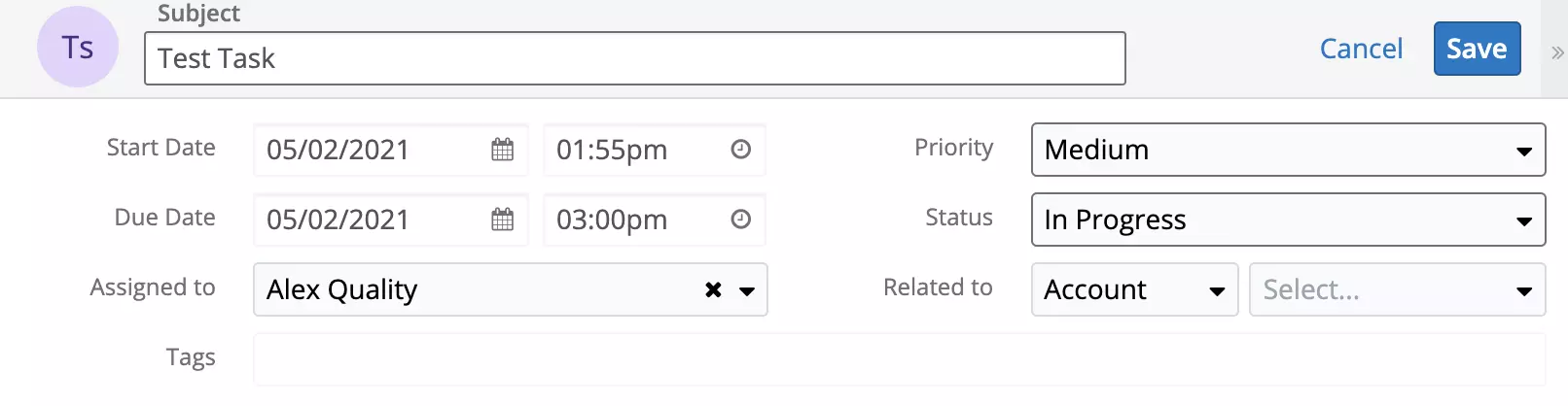 Neue Aufgabe wurde in SugarCRM erstellt